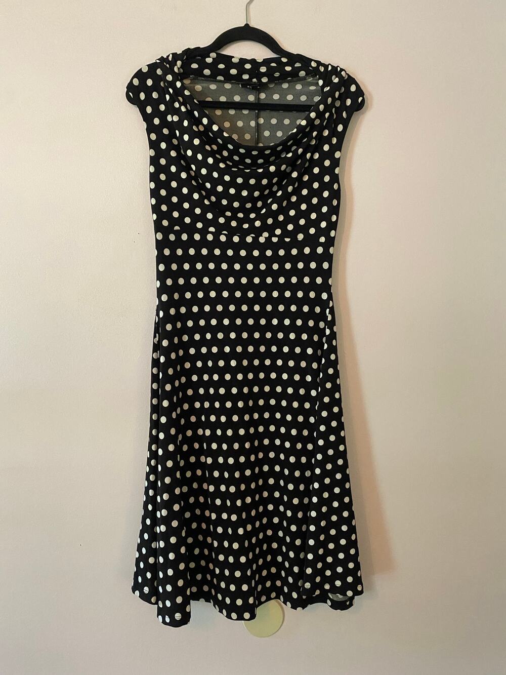 Snap Y2K Black White Polka Dot Cowlneck Sleeveless Midi Dress Women size Medium